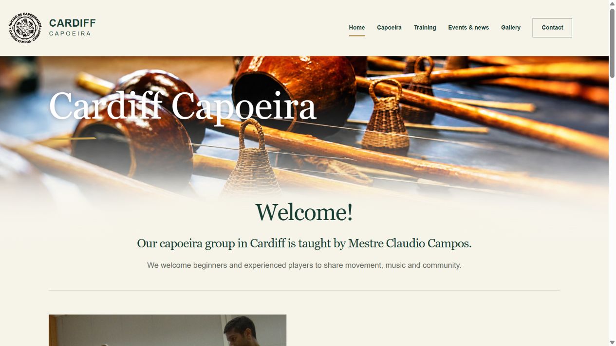 Cardiff Capoeira website showing its community homepage and training information